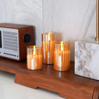 Flameless LED Candles with Remote Controller & Timer|Golden Acrylic Fiber Glass|Set of 3|