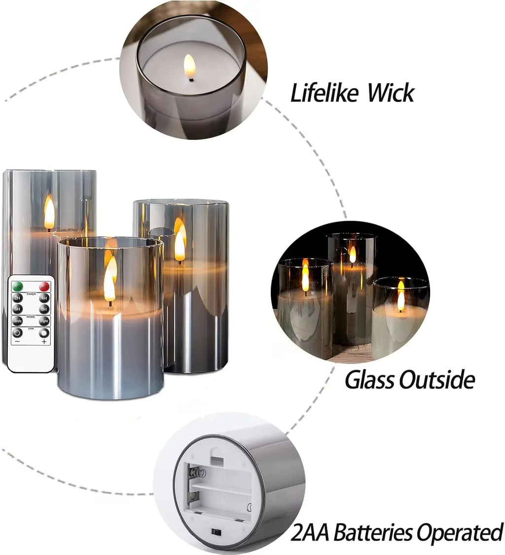Flameless LED Candles with Remote Controller & Timer|Golden Acrylic Fiber Glass|Set of 3|