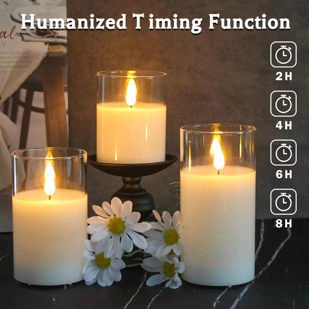 Flameless LED Candles with Remote Controller & Timer|Golden Acrylic Fiber Glass|Set of 3|