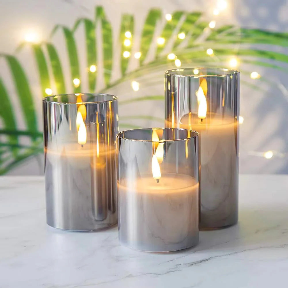 Flameless LED Candles with Remote Controller & Timer|Golden Acrylic Fiber Glass|Set of 3|