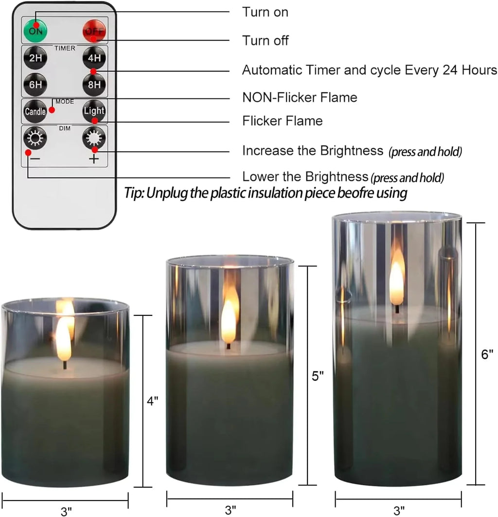 Flameless LED Candles with Remote Controller & Timer|Golden Acrylic Fiber Glass|Set of 3|
