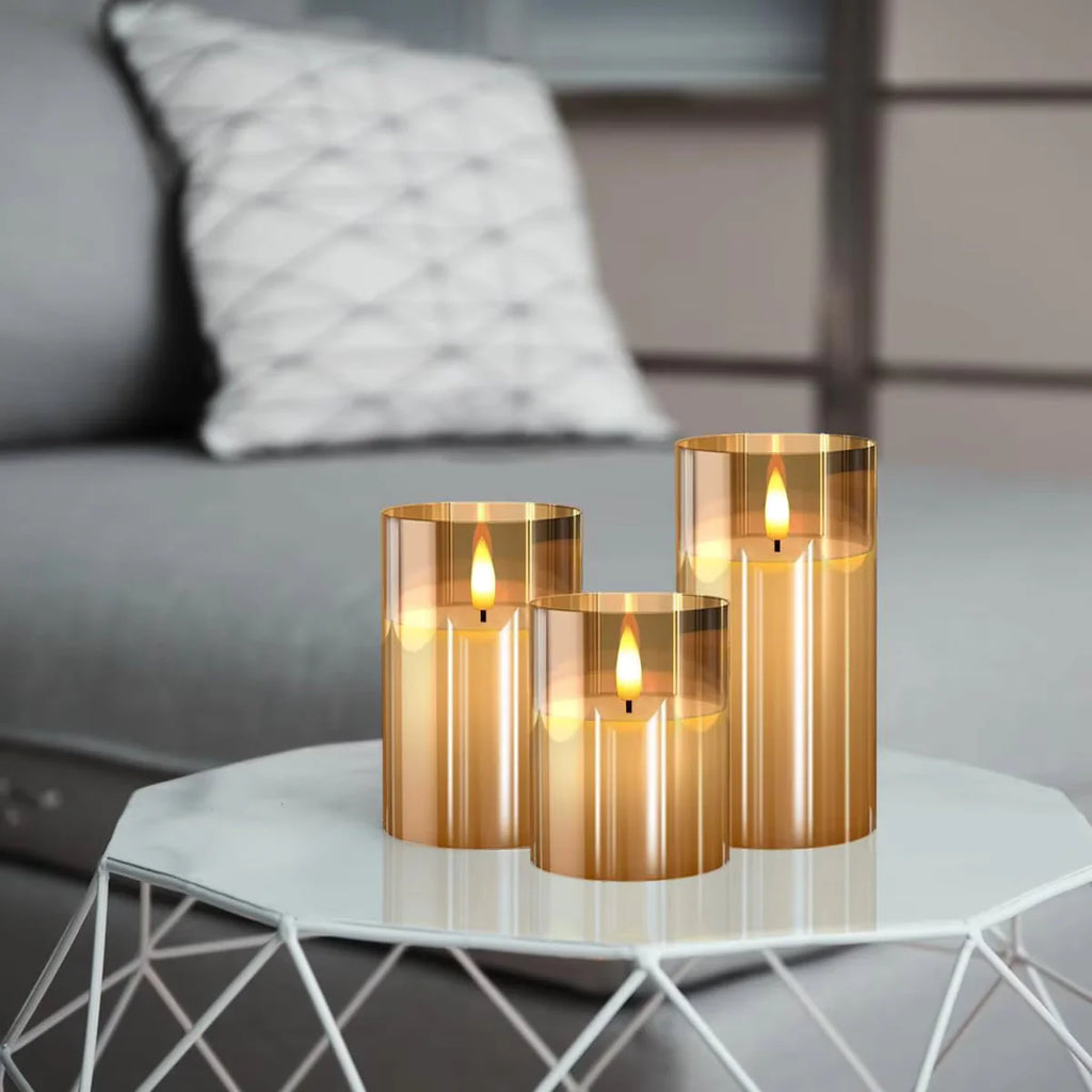 Flameless LED Candles with Remote Controller & Timer|Golden Acrylic Fiber Glass|Set of 3|