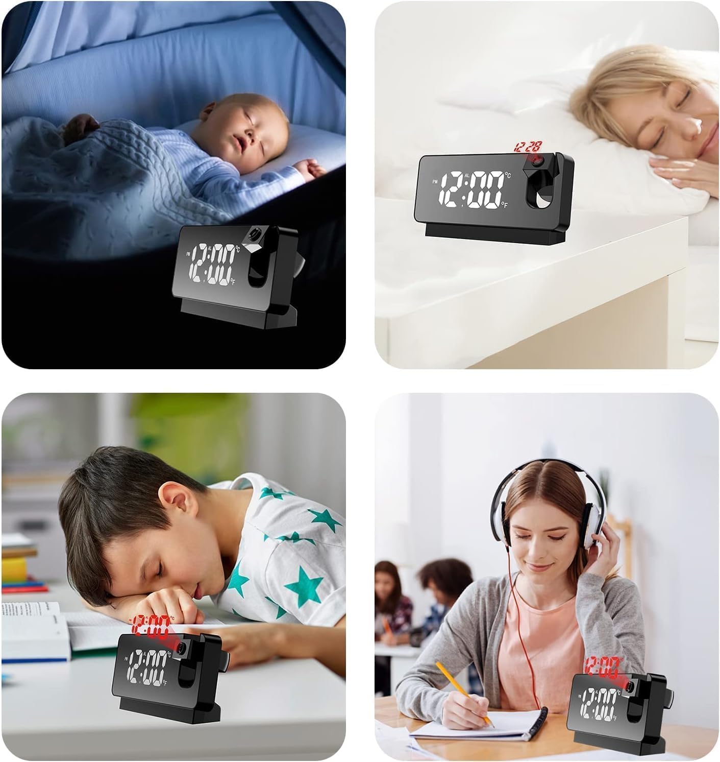 Projector LED Display Digital Projection Mute Mirror USB Office Clock with 180° Projector for Bedroom Digital Temperature Display Clock