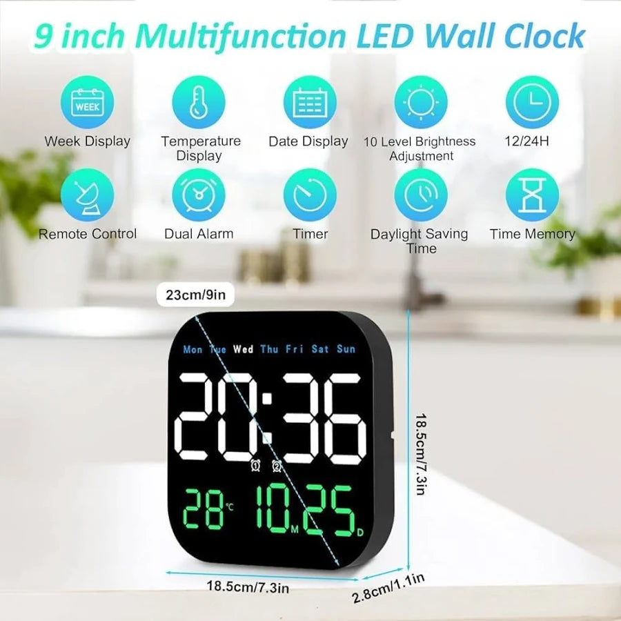 9-Inch Plastic Digital Alarm Wall Clock, LED Display with Date, Temperature, Day of Week, Auto Dimming, Remote Control, Table Desk Clock for Home, Office, Living Room Secondary image