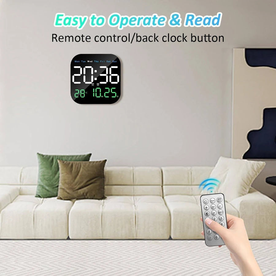 9-Inch Plastic Digital Alarm Wall Clock, LED Display with Date, Temperature, Day of Week, Auto Dimming, Remote Control, Table Desk Clock for Home, Office, Living Room