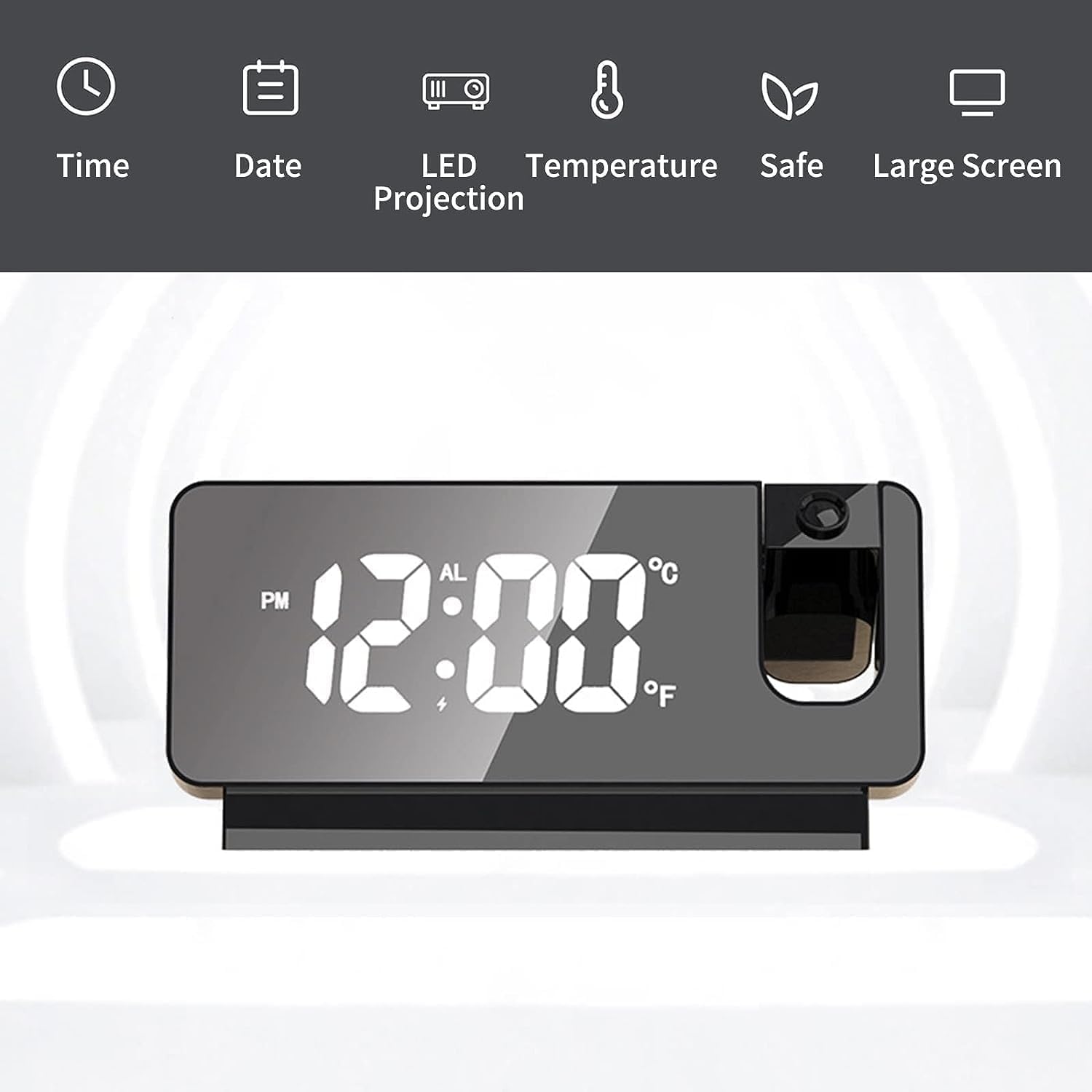 Projector LED Display Digital Projection Mute Mirror USB Office Clock with 180° Projector for Bedroom Digital Temperature Display Clock