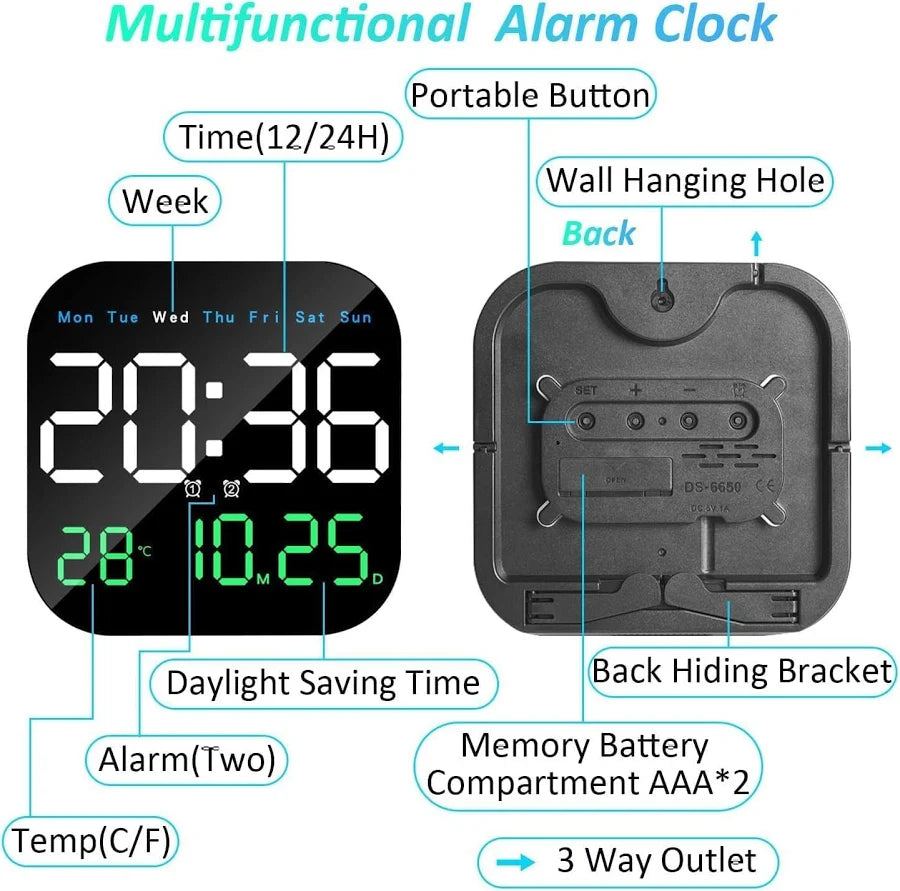 9-Inch Plastic Digital Alarm Wall Clock, LED Display with Date, Temperature, Day of Week, Auto Dimming, Remote Control, Table Desk Clock for Home, Office, Living Room