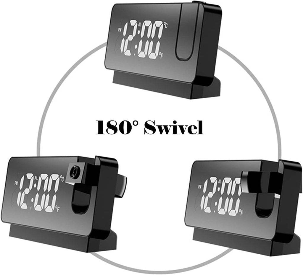 Projector LED Display Digital Projection Mute Mirror USB Office Clock with 180° Projector for Bedroom Digital Temperature Display Clock
