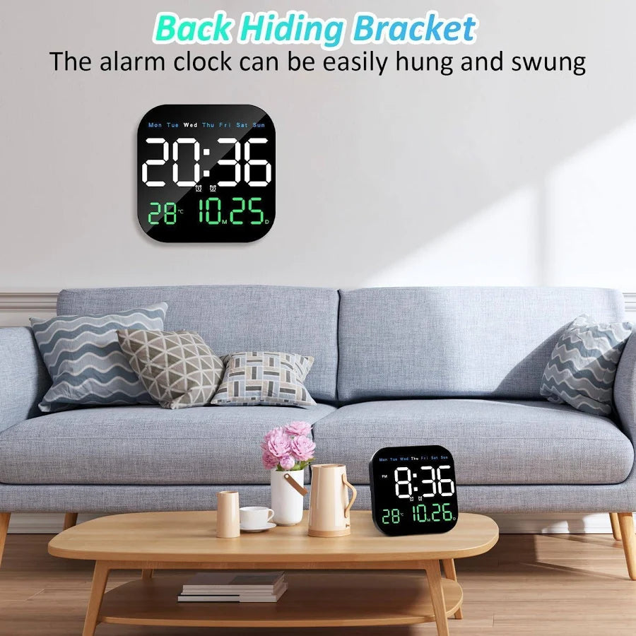 9-Inch Plastic Digital Alarm Wall Clock, LED Display with Date, Temperature, Day of Week, Auto Dimming, Remote Control, Table Desk Clock for Home, Office, Living Room