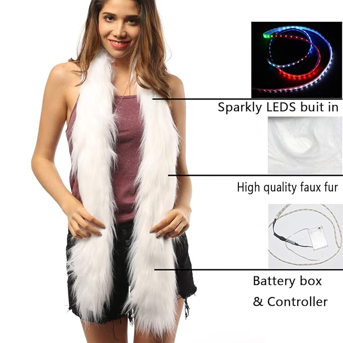 Led Scarf Light Up Fur Boa Glow Up Flashing Fun Novelty Scarves For Rave Accessory Clothing Outfit Burning Man Costume Festival Party