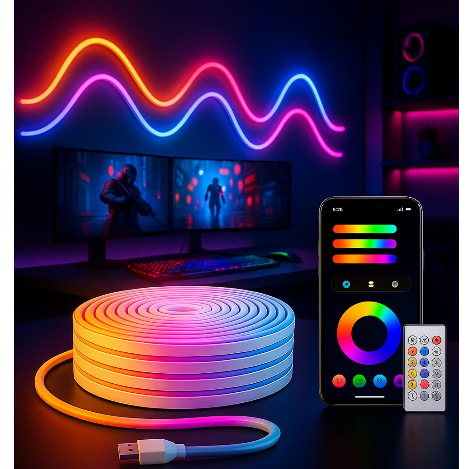 5 Meter Smart RGB Neon LED Strip Lights with App & Remote | Music Sync Rope Light for Room, Gaming, Party, Diwali & Home Decoration