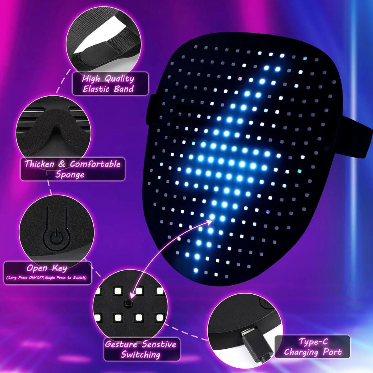 Led Mask Light up Mask with Gesture Sensing, Cool Glowing Toys Masks Great Gift for Halloween Christmas Costume Party