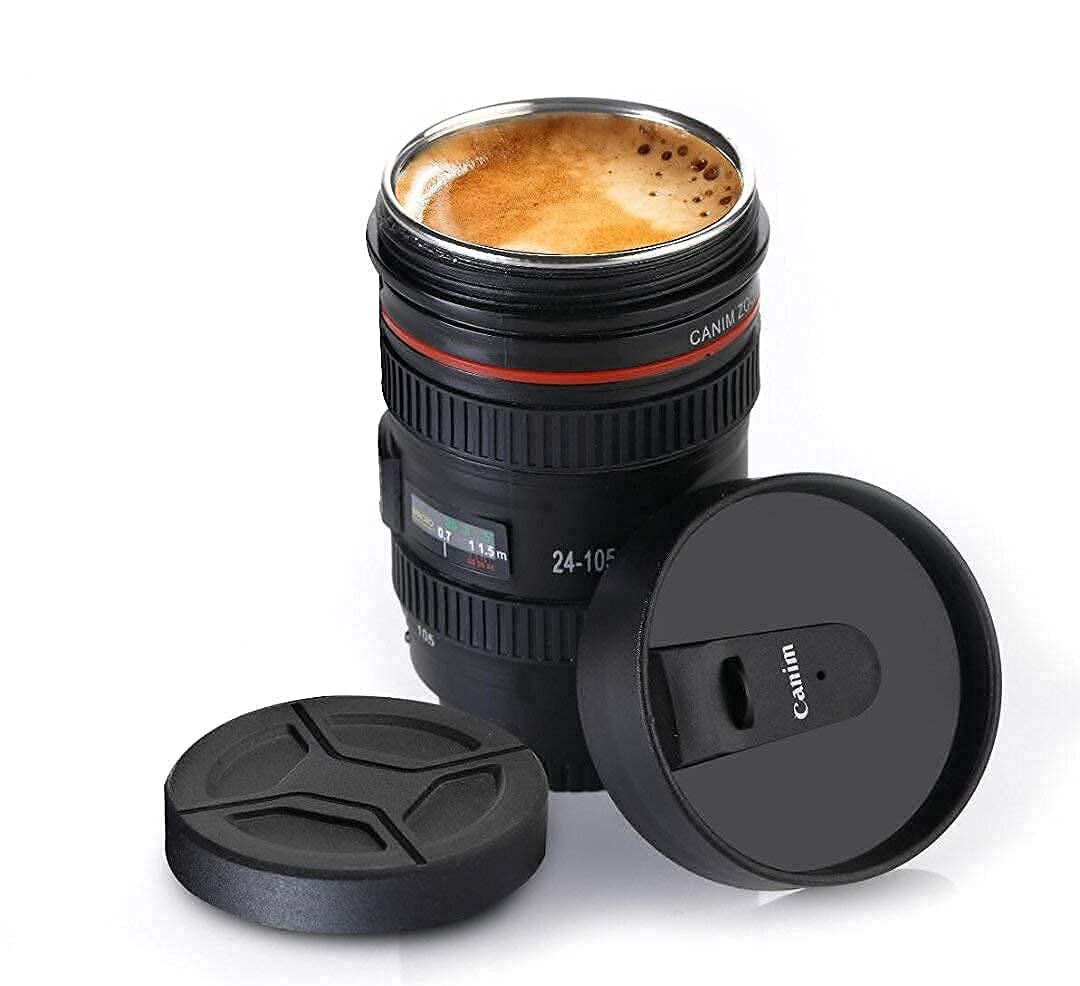 Camera Lens Mug with Lid | Stainless Steel Inner Coffee Cup | DSLR Lens Design Travel Mug | Unique Gift for Photographer, Men & Women | 350ml