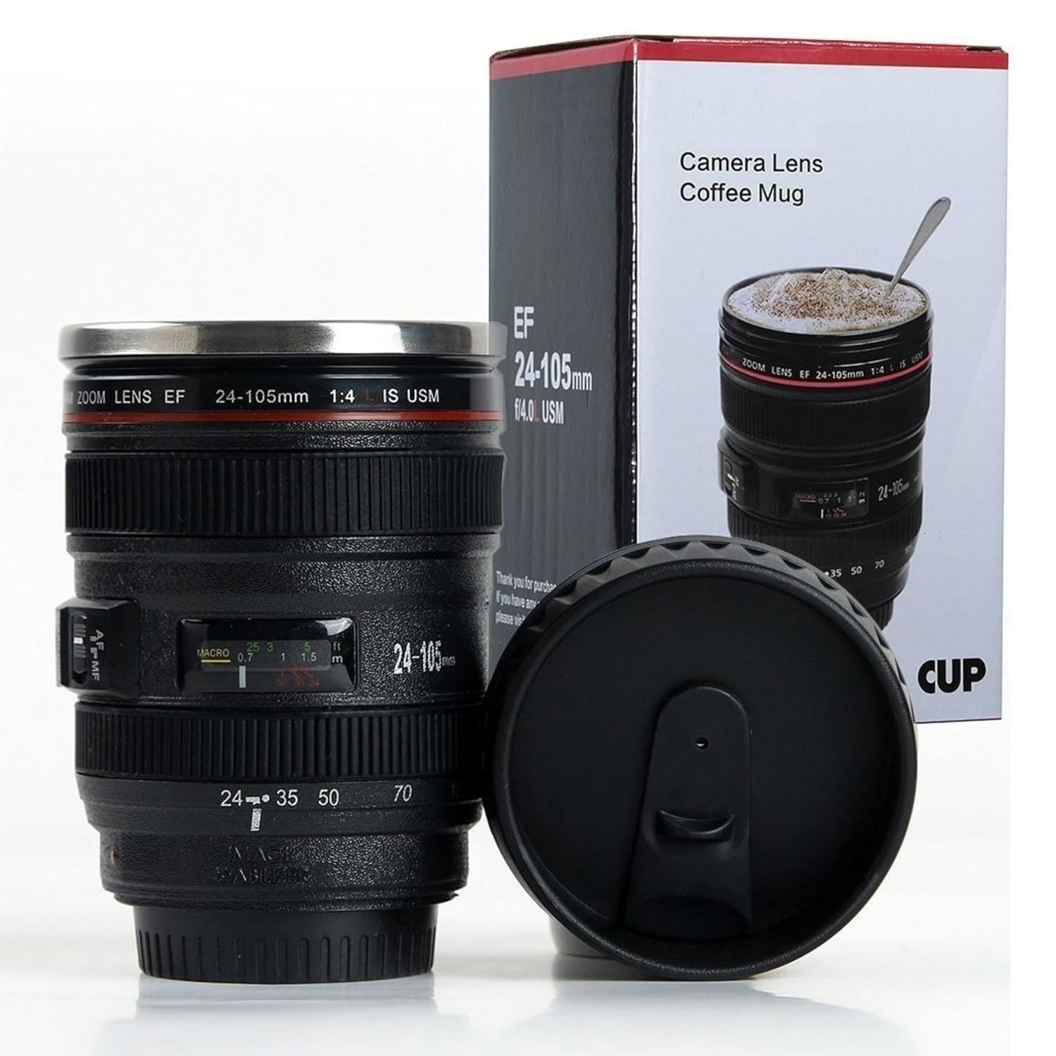 Camera Lens Mug with Lid | Stainless Steel Inner Coffee Cup | DSLR Lens Design Travel Mug | Unique Gift for Photographer, Men & Women | 350ml