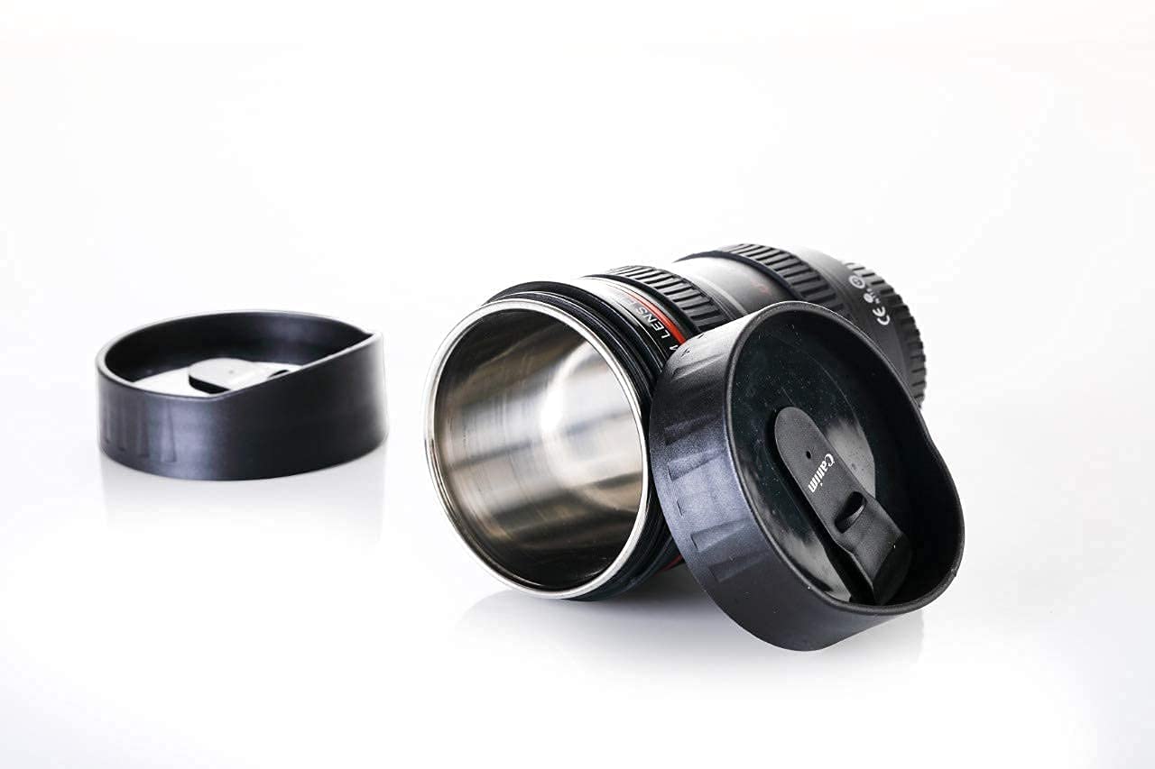 Camera Lens Mug with Lid | Stainless Steel Inner Coffee Cup | DSLR Lens Design Travel Mug | Unique Gift for Photographer, Men & Women | 350ml