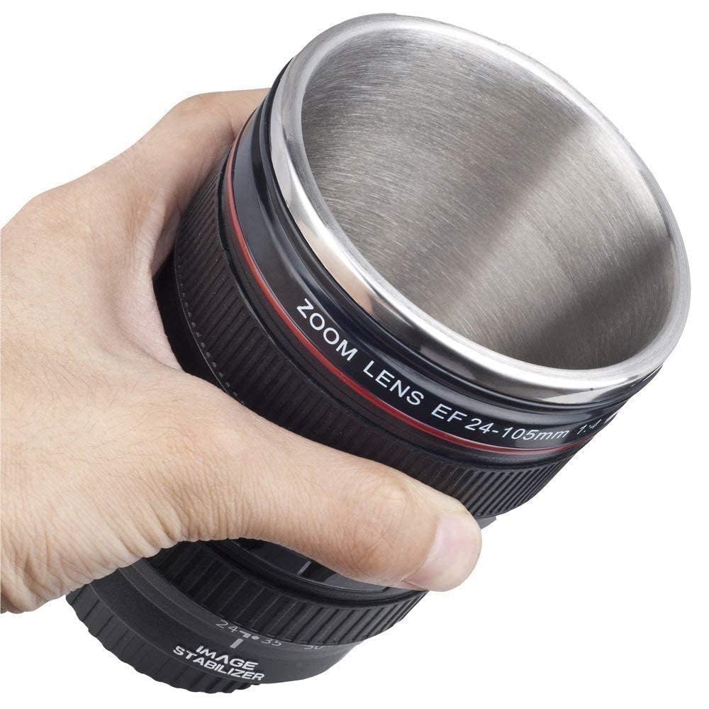 Camera Lens Mug with Lid | Stainless Steel Inner Coffee Cup | DSLR Lens Design Travel Mug | Unique Gift for Photographer, Men & Women | 350ml