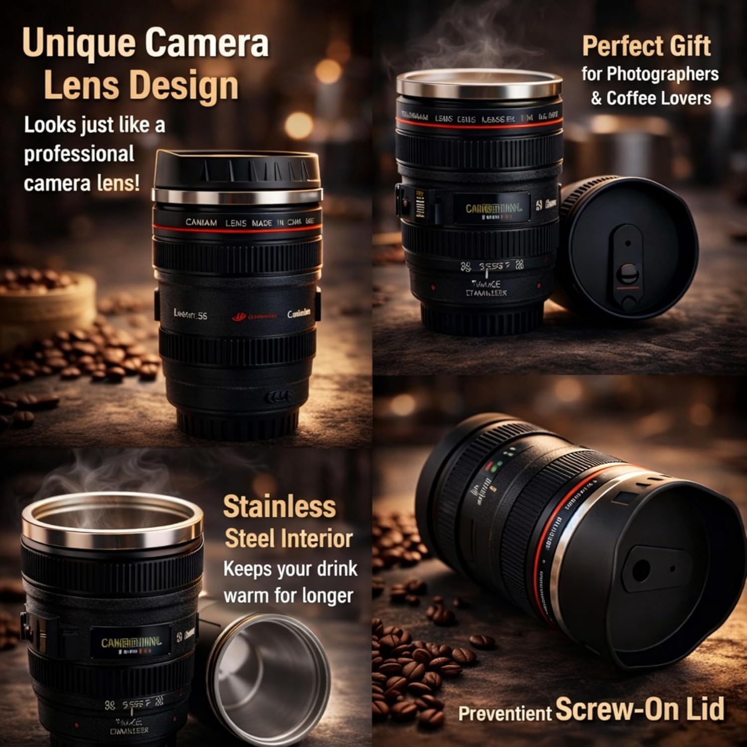 Camera Lens Mug with Lid | Stainless Steel Inner Coffee Cup | DSLR Lens Design Travel Mug | Unique Gift for Photographer, Men & Women | 350ml
