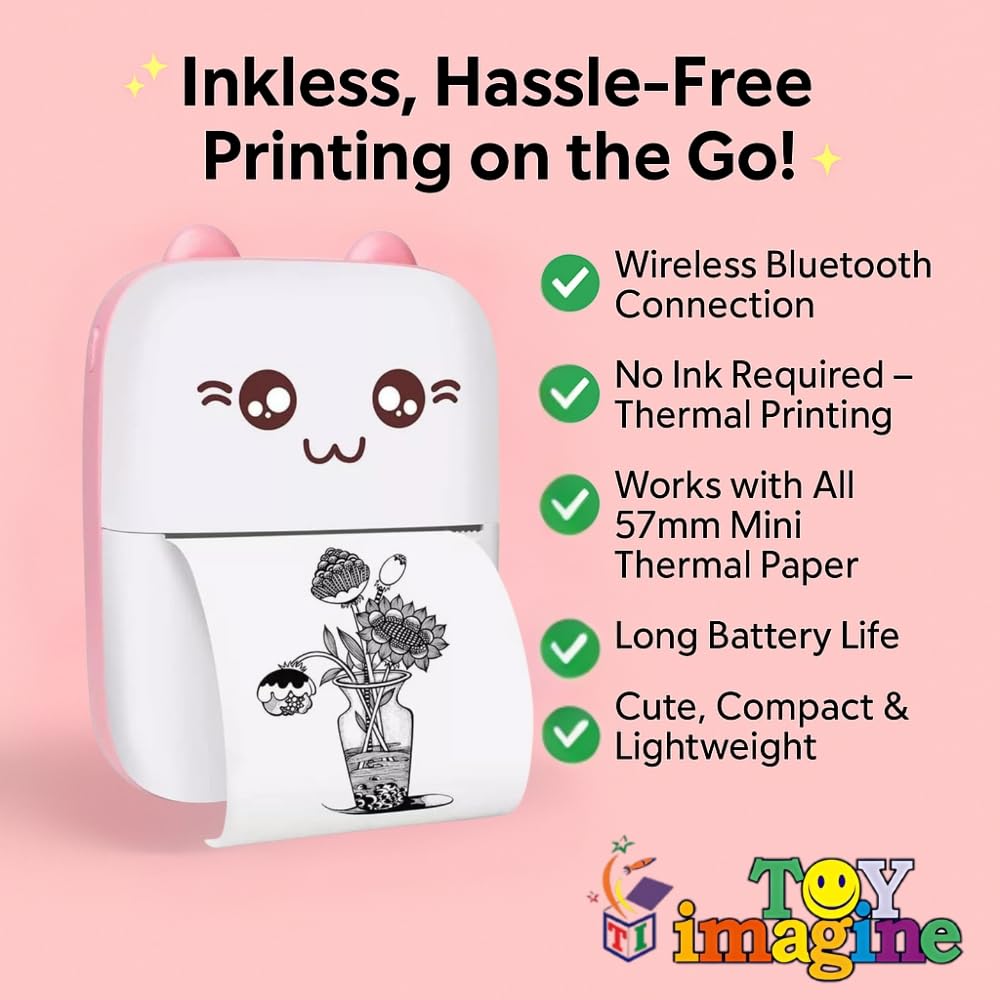 Mini Portable Thermal Printer – Bluetooth Pocket Printer for Kids & Adults, 57mm Inkless Photo & Label Printer with  Prints B&W Notes & Stickers (Assorted)