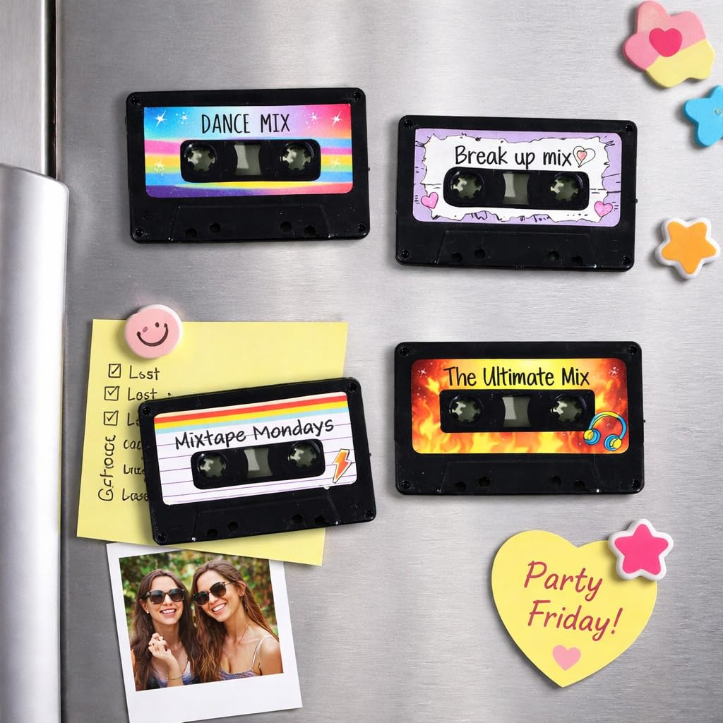 4.2 x 3 cm  Mix Tape Fridge Magnet Disc Record Cassette Tape Message Sticker, Record Fridge Magnet Strong Magnetic Sticker Decor for Crafts, Kitchen, Office Whiteboard, Cabinet- 4pcs (Random)