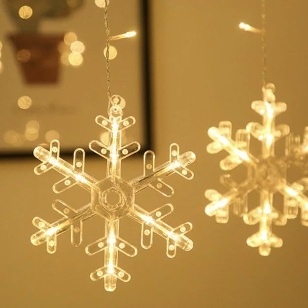 Snowflake LED String Lights – Star Decorative Curtain Lights, 1 Set (6 Snowflakes + 6 Stars) for Holiday Parties, Room Décor, Decorative LED String Lights