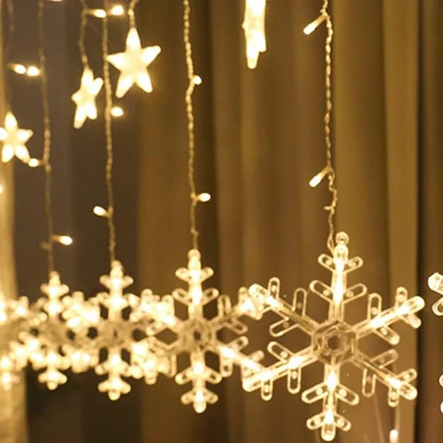 Snowflake LED String Lights – Star Decorative Curtain Lights, 1 Set (6 Snowflakes + 6 Stars) for Holiday Parties, Room Décor, Decorative LED String Lights