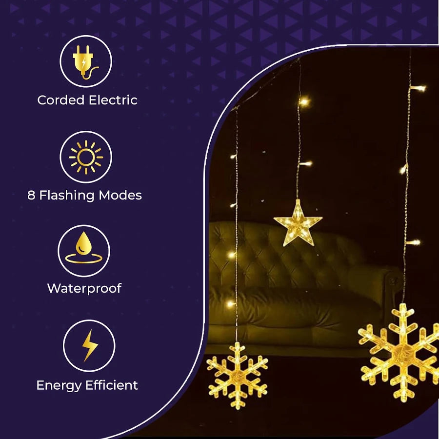 Snowflake LED String Lights – Star Decorative Curtain Lights, 1 Set (6 Snowflakes + 6 Stars) for Holiday Parties, Room Décor, Decorative LED String Lights