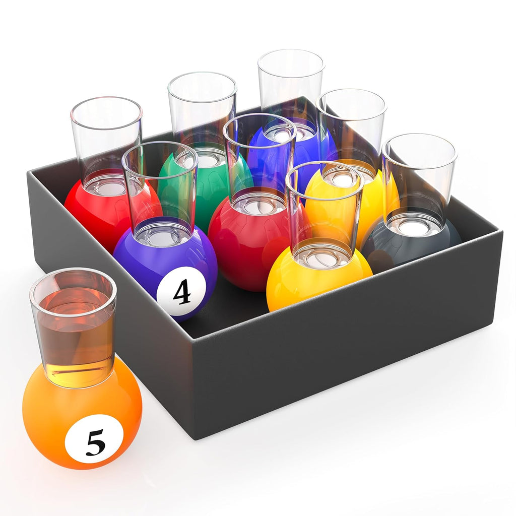 Billiards Pool Ball Shot Glasses, Set of 9 - Fairly Odd Novelties - Fun Sports Bar Drinking Gift Pack, Multicolor,1 ounce