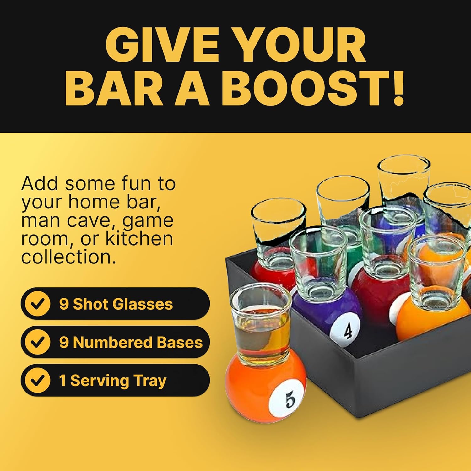 Billiards Pool Ball Shot Glasses, Set of 9 - Fairly Odd Novelties - Fun Sports Bar Drinking Gift Pack, Multicolor,1 ounce