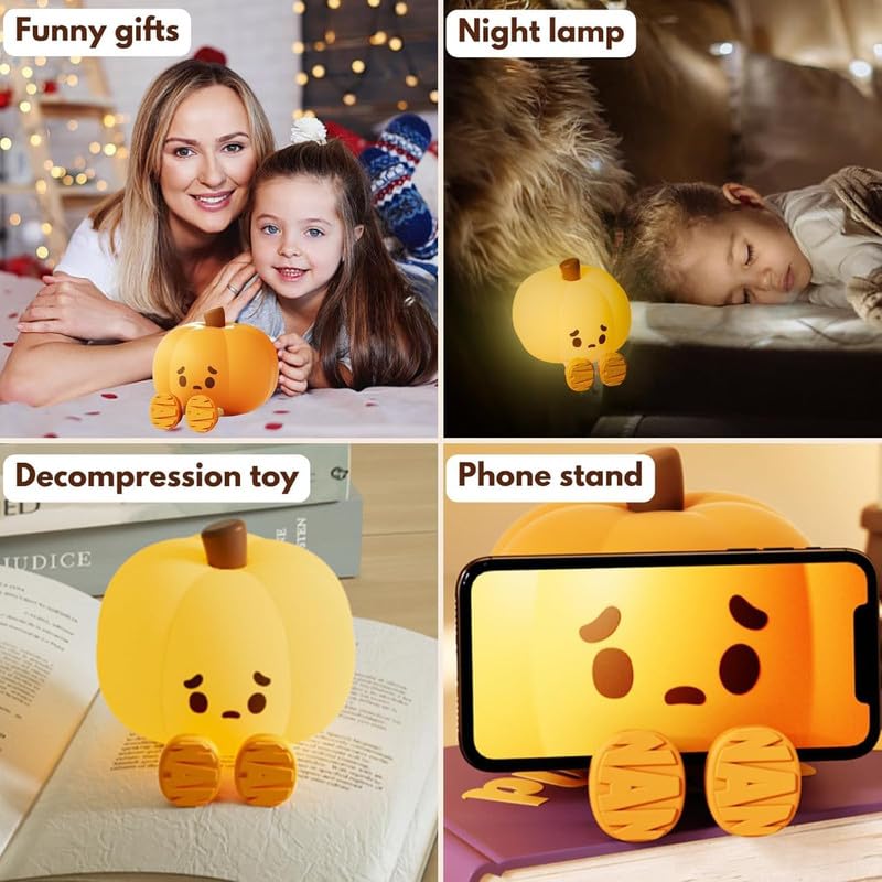 Pumpkin Night Light - 3 Level Dimmable Cute Led Pumpkin Lamp, Silicone Dimmable Nursery Nightlight for Kids, Rechargeable Bedside Tap Lamp, Funny Office Desk Decor and Gift,Orange