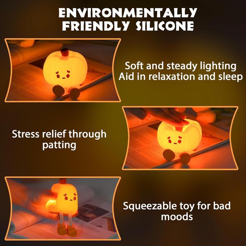 Pumpkin Night Light - 3 Level Dimmable Cute Led Pumpkin Lamp, Silicone Dimmable Nursery Nightlight for Kids, Rechargeable Bedside Tap Lamp, Funny Office Desk Decor and Gift,Orange