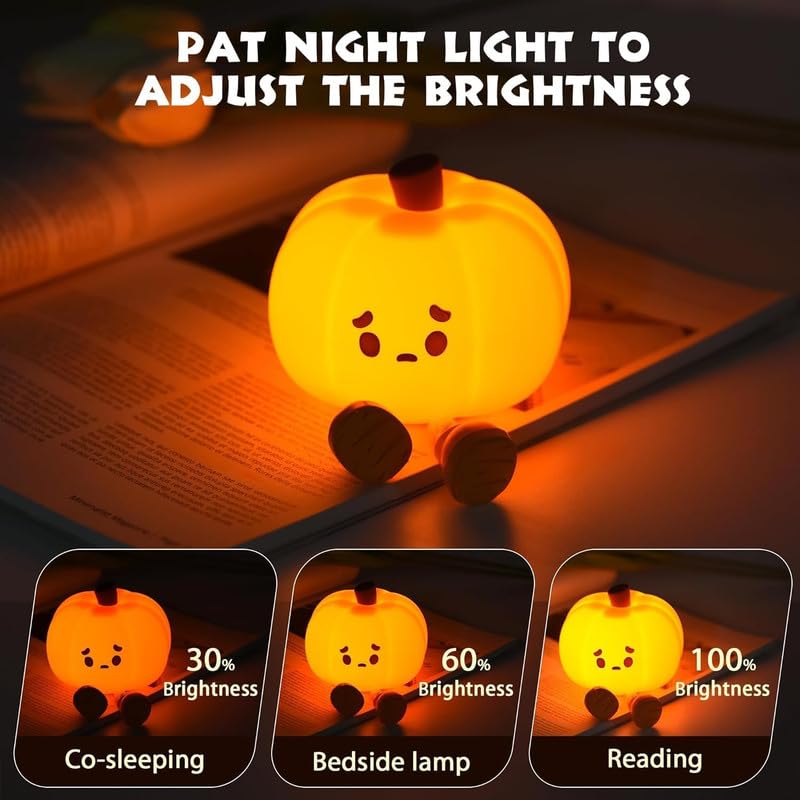 Pumpkin Night Light - 3 Level Dimmable Cute Led Pumpkin Lamp, Silicone Dimmable Nursery Nightlight for Kids, Rechargeable Bedside Tap Lamp, Funny Office Desk Decor and Gift,Orange