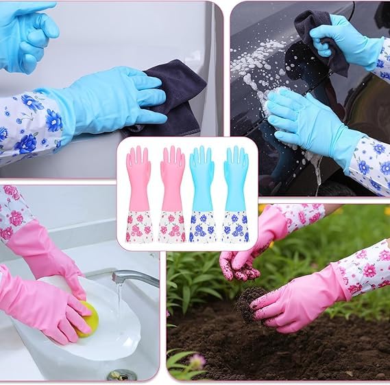 Heavy Duty Reusable Rubber Gloves for Dishwashing, Kitchen Cleaning - Non-Slip Long Elbow Gloves for Gardening, Laundry Waterproof Bathroom Cleaning Gloves (random colour)