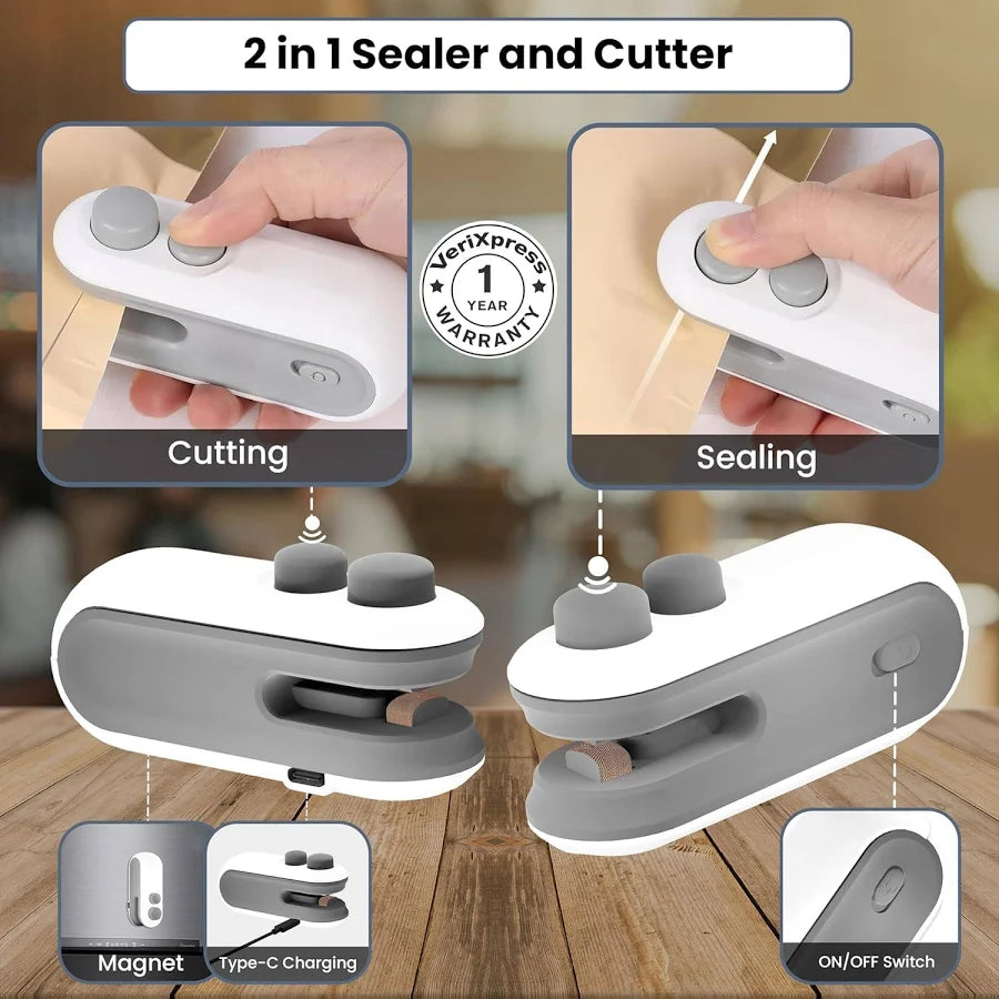 Mini Bag Sealer, Rechargeable 2 in 1 Bag Sealer Heat Seal with Cutter, Portable Bag Resealer for Chip Bags, Plastic Bag Sealer Machine for Snacks and Freshness Food Storage