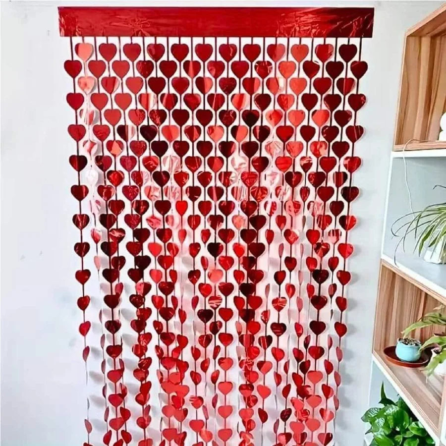 Red Heart Shape Metallic Foil Fringe Curtains for Party Decoration Window Door String Curtain Wedding Birthday Photo Booth Backdrop Party Tassel