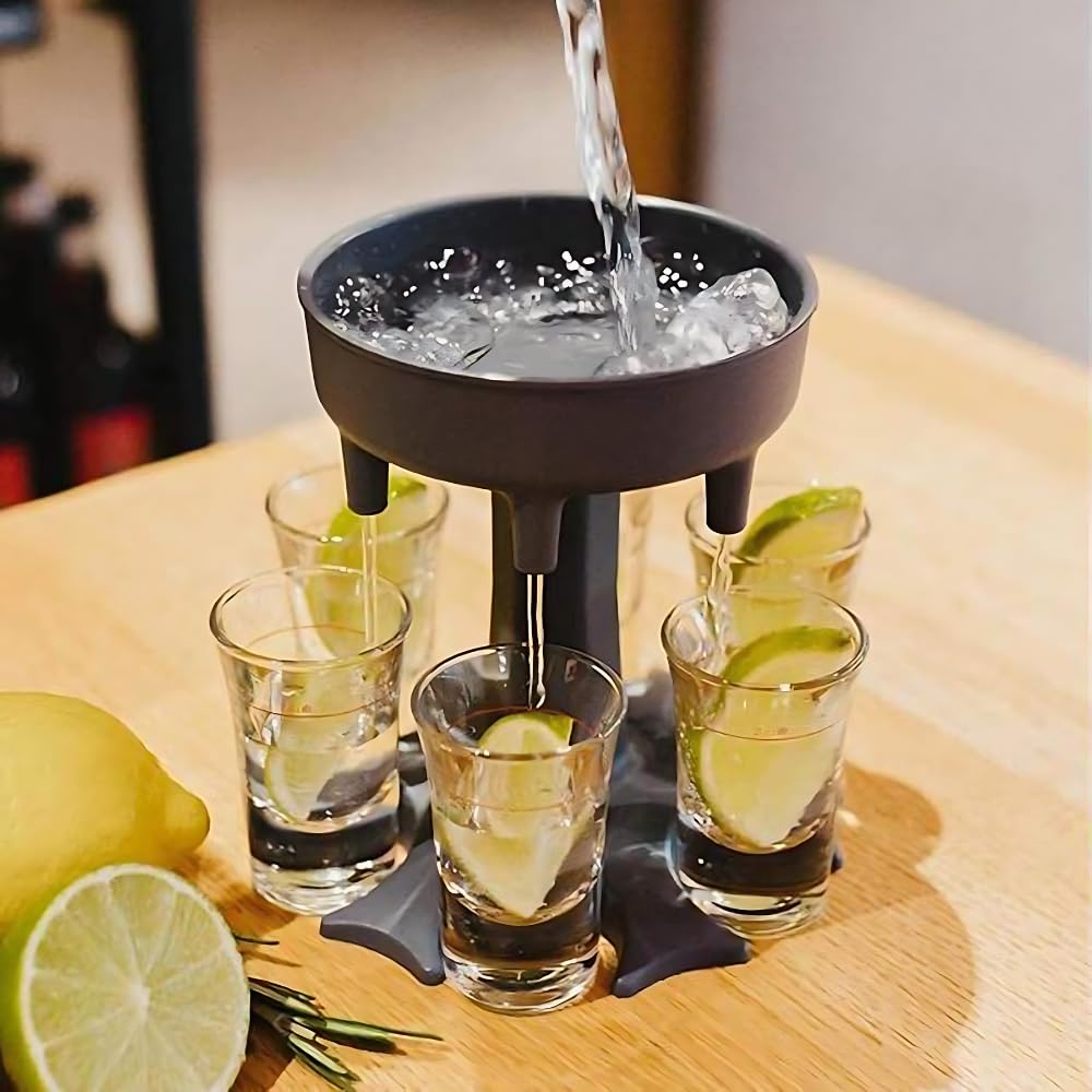 6-Shot Glass Dispenser & Holder Fill Liquids with Ease, Includes 6 Small Cups, Perfect for Bars, Parties, Multiple dispensers are Available, Fun Slogan Dispenser for a Great Party Vibe