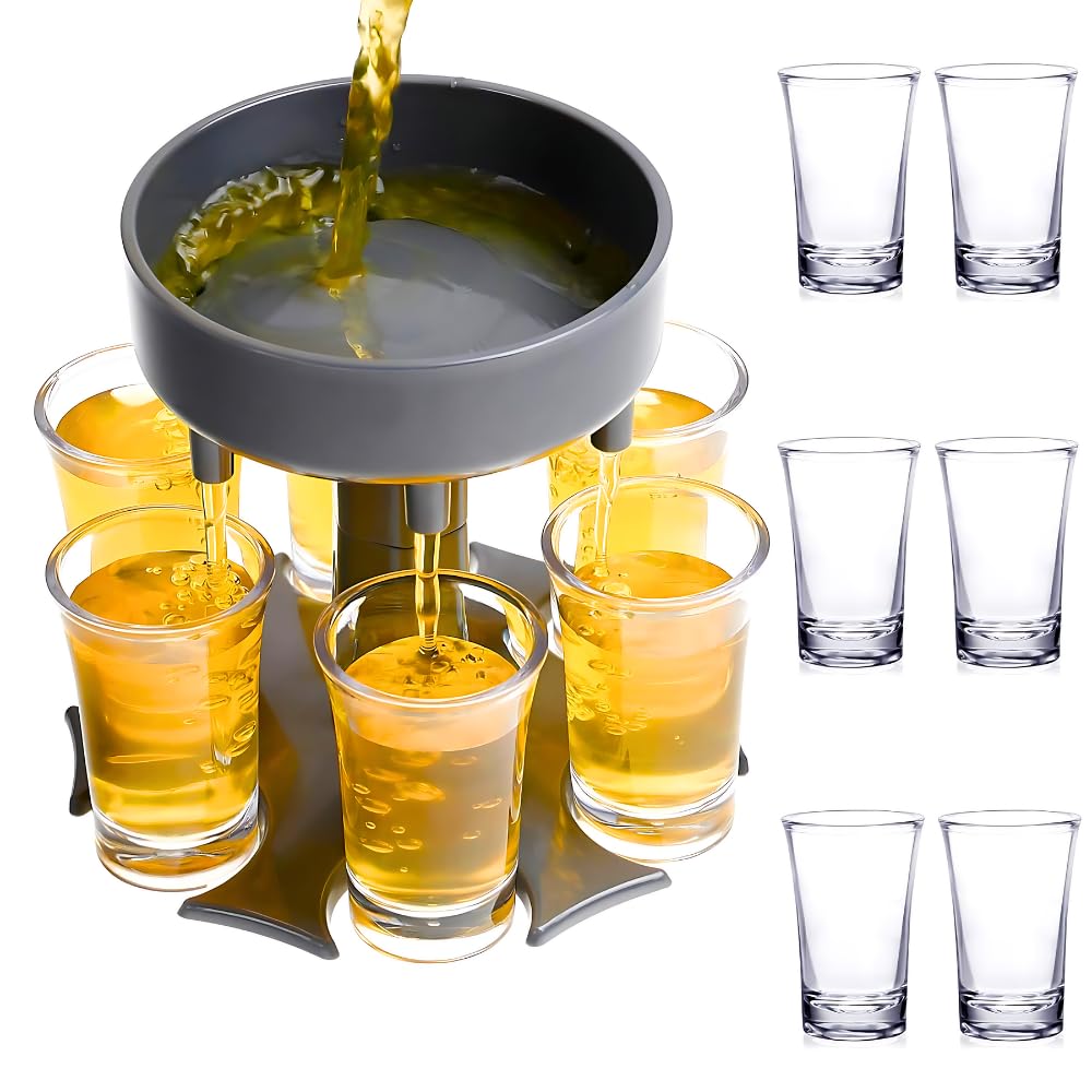 6-Shot Glass Dispenser & Holder Fill Liquids with Ease, Includes 6 Small Cups, Perfect for Bars, Parties, Multiple dispensers are Available, Fun Slogan Dispenser for a Great Party Vibe