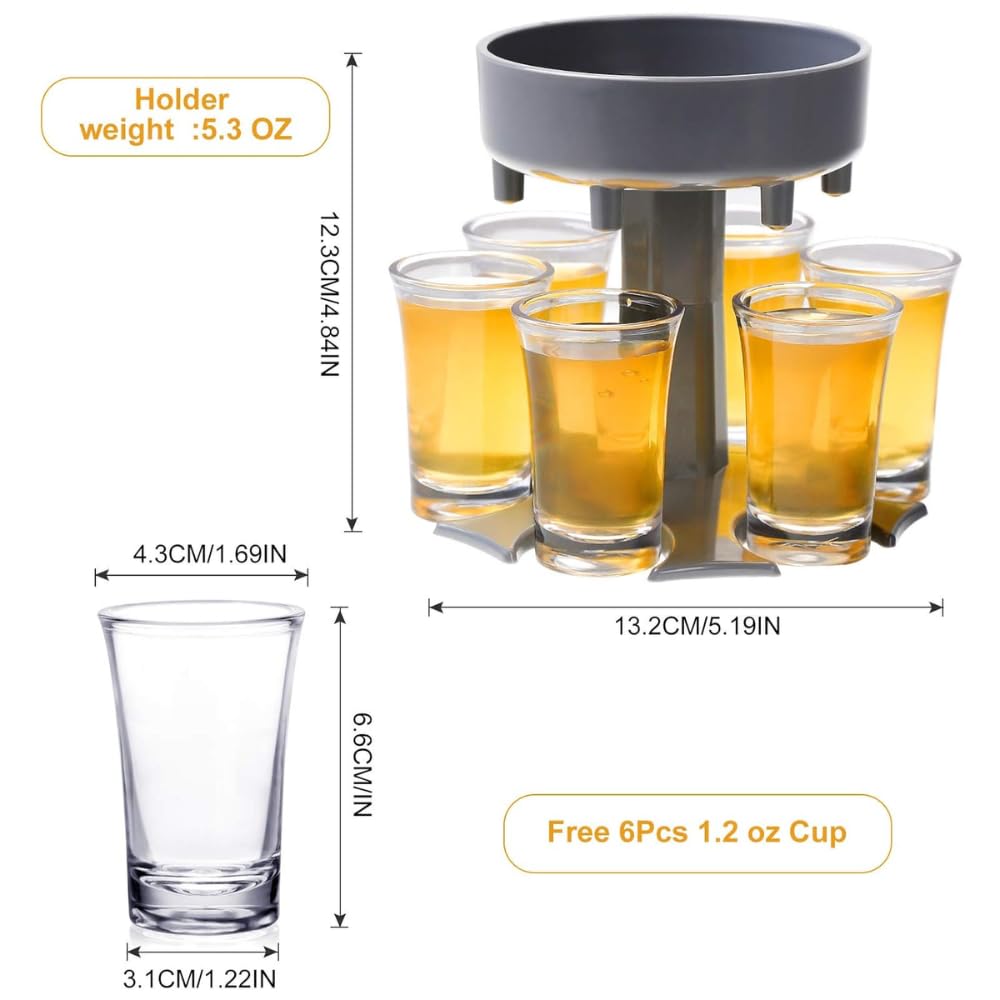 6-Shot Glass Dispenser & Holder Fill Liquids with Ease, Includes 6 Small Cups, Perfect for Bars, Parties, Multiple dispensers are Available, Fun Slogan Dispenser for a Great Party Vibe