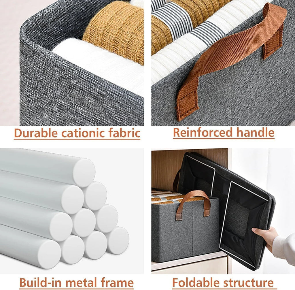 Storage Bag Without Lid (Grey) – Foldable Canvas Wardrobe Organiser, Stackable Steel Frame Storage Bin for Clothes, Bedding, Saree, Blanket & Closet (1)