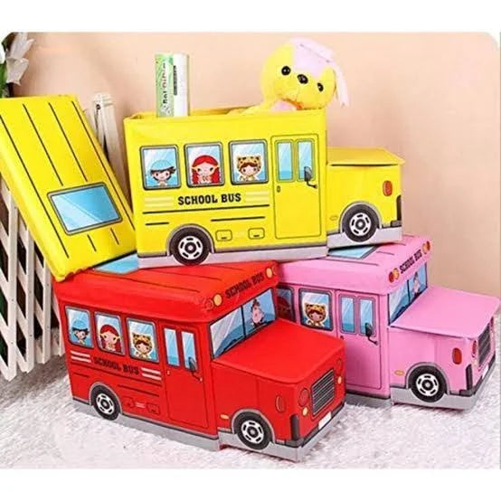 Kids School Bus Shape Storage Box With Lid Cum Sitting Stool Cum Playing Toy | Collapsible, Hard Cardboard, Red Secondary image