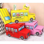 Kids School Bus Shape Storage Box With Lid Cum Sitting Stool Cum Playing Toy | Collapsible, Hard Cardboard, Red