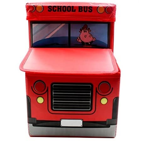 Kids School Bus Shape Storage Box With Lid Cum Sitting Stool Cum Playing Toy | Collapsible, Hard Cardboard, Red