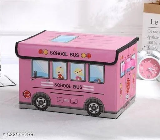 Kids School Bus Shape Storage Box With Lid Cum Sitting Stool Cum Playing Toy | Collapsible, Hard Cardboard, Red