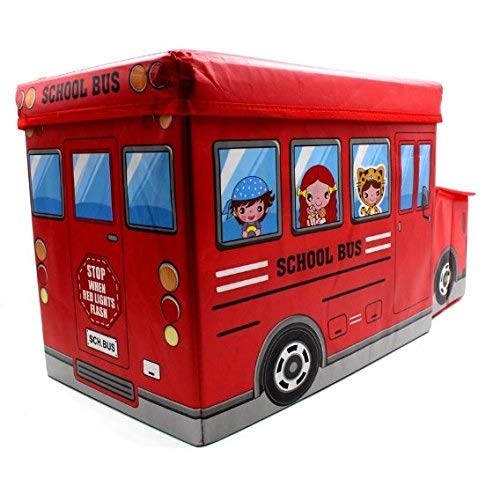 Kids School Bus Shape Storage Box With Lid Cum Sitting Stool Cum Playing Toy | Collapsible, Hard Cardboard, Red