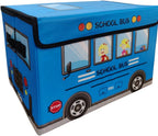 Kids School Bus Shape Storage Box With Lid Cum Sitting Stool Cum Playing Toy | Collapsible, Hard Cardboard, Red