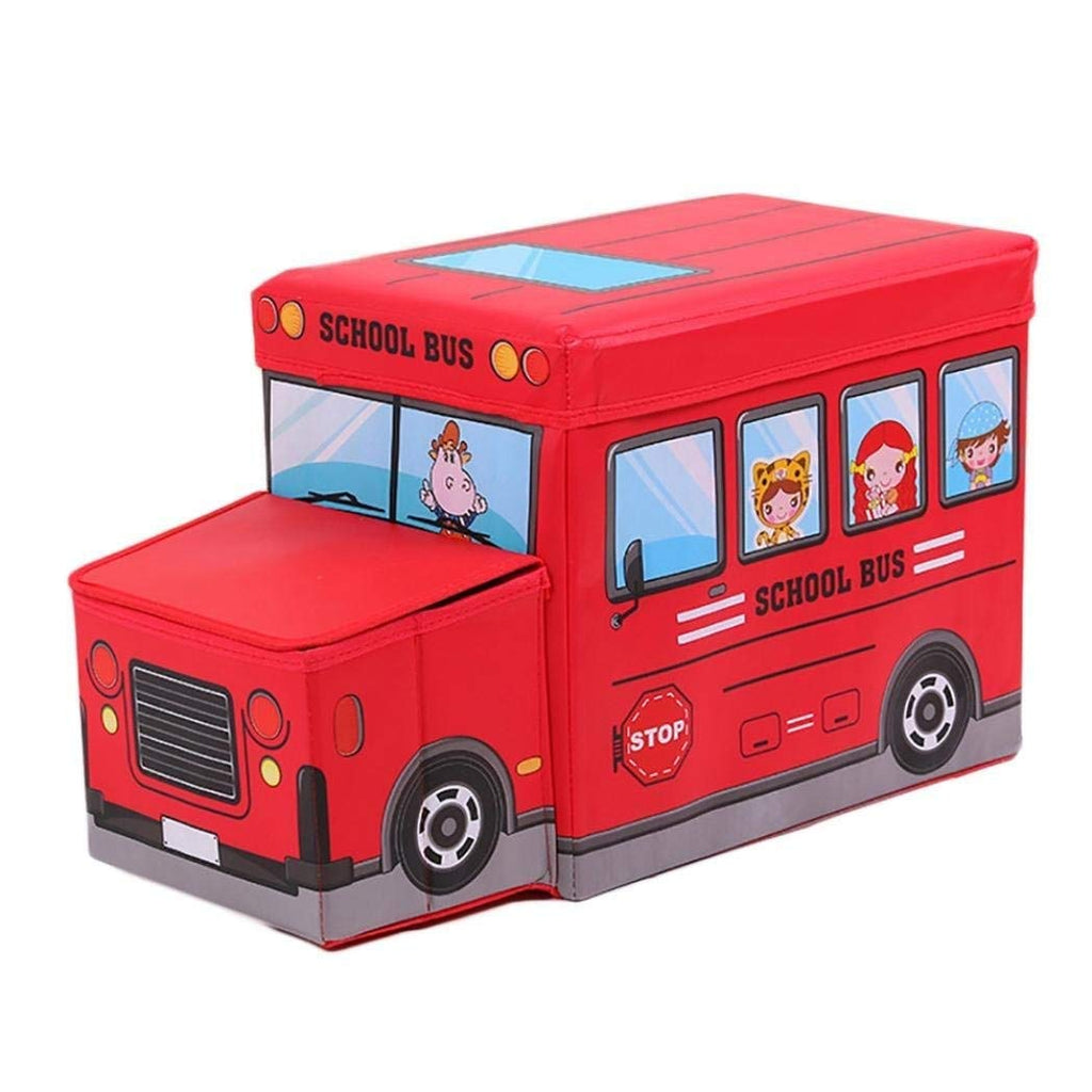 Kids School Bus Shape Storage Box With Lid Cum Sitting Stool Cum Playing Toy | Collapsible, Hard Cardboard, Red