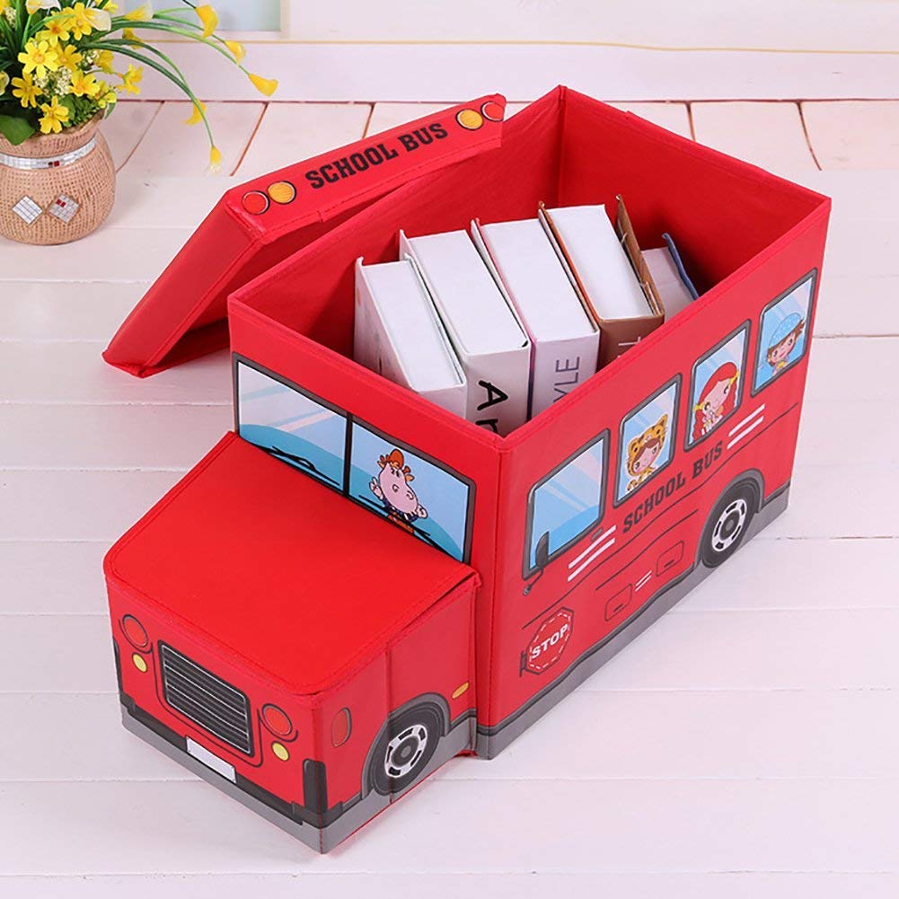 Kids School Bus Shape Storage Box With Lid Cum Sitting Stool Cum Playing Toy | Collapsible, Hard Cardboard, Red