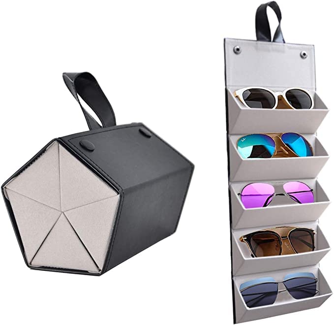 Foldable Sunglasses Organizer Case, Storage Leather Multi Glass Case, Women's Foldable Glasses Case Multi Hanging Eyewear Holder Display for Men (BLACK)