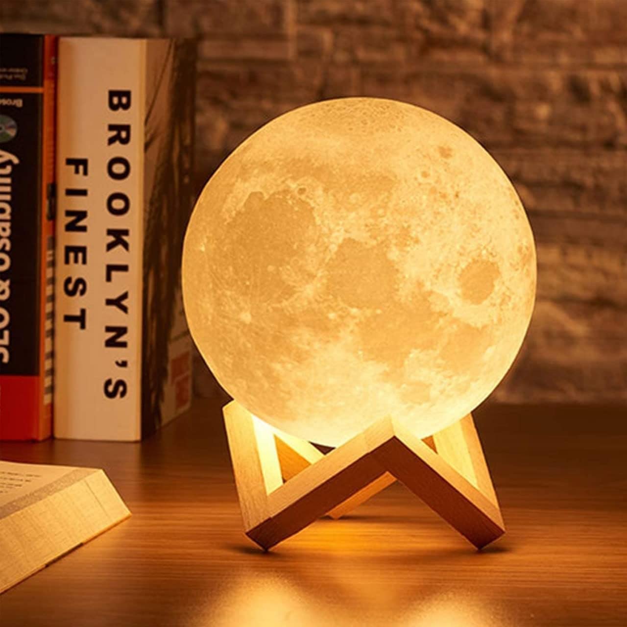 3D Moon Lamp 15cm with Wooden Stand | 7 Color Changing LED Touch Sensor Night Light | USB Rechargeable Moonlight Table Lamp for Bedroom, Kids, Home Décor, and Festival Gifts Main image