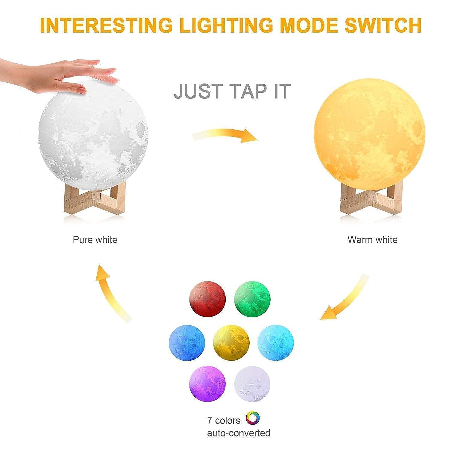 3D Moon Lamp 15cm with Wooden Stand | 7 Color Changing LED Touch Sensor Night Light | USB Rechargeable Moonlight Table Lamp for Bedroom, Kids, Home Décor, and Festival Gifts Secondary image
