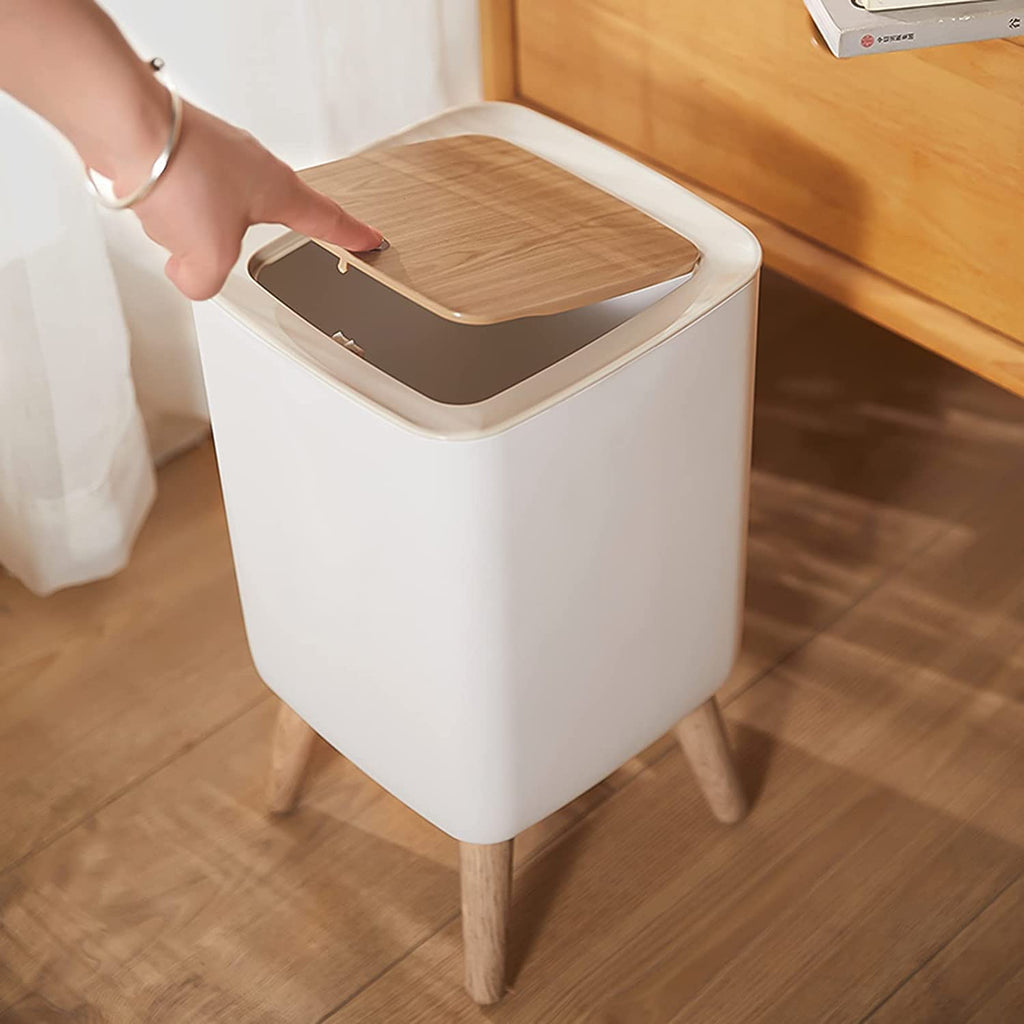 Table Waste Bin with Lid in Wood Look, Rubbish Bin with Lid, Worktop, Desktop and Floor Rubbish Bin, Cute Luxury Waste Bin with Click System, Cosmetic Bin (1.8 Gal Square)